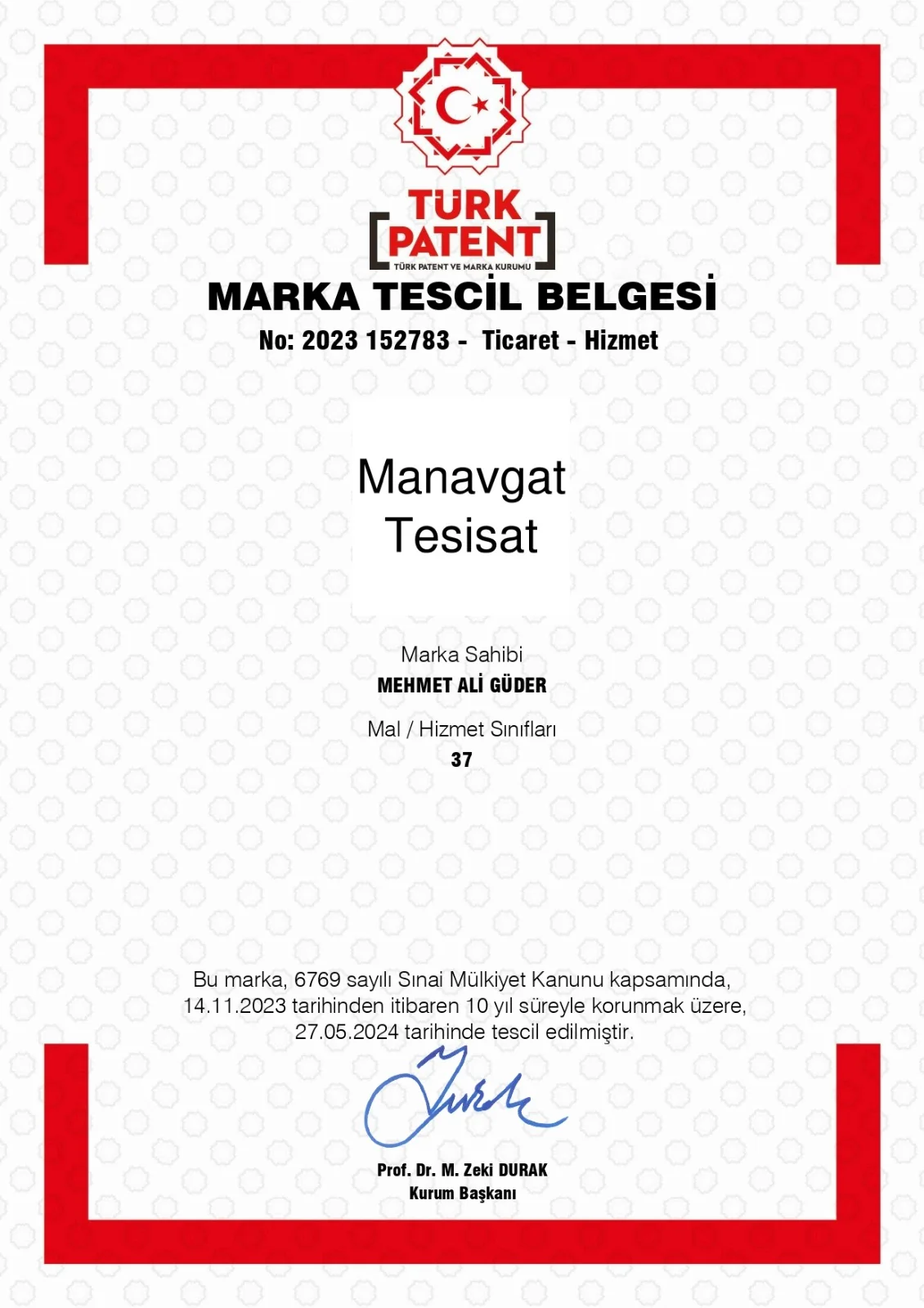 Manavgat Tesisat Türk Patent Marka Tescil Belgesi - No: 2023/152783